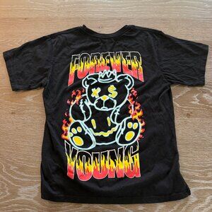 Boys Forever Young black flame teddy bear short sleeve t-shirt size 14/16